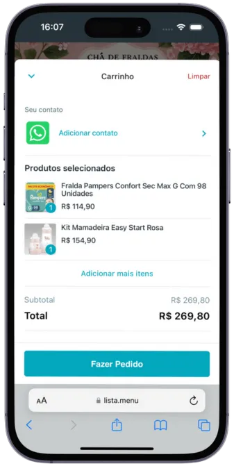 Tela da lista de presentes no celular