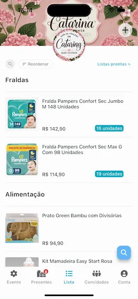 Tela da lista de presentes com categorias e itens no ListaPresentes