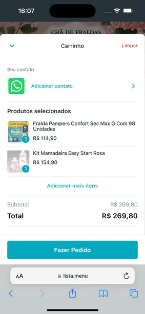 Tela do carrinho de compras do convidado no link lista.menu