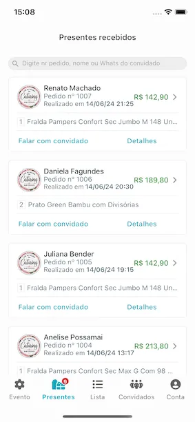 Tela de presentes recebidos com histórico de pedidos dos convidados